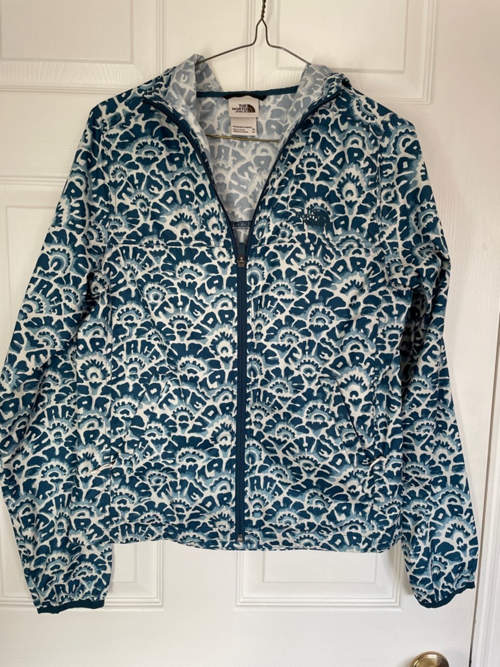 The North Face Women's Teal and White Patterned Hooded Bomber Jacket